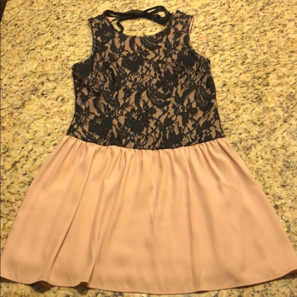 Black lace and tan dress with lace straps in back